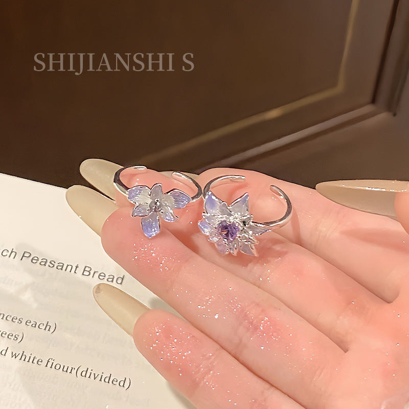 Crystal Purple Diamond Simple Quiet Double Flower Niche Intellectual Gentle Rings