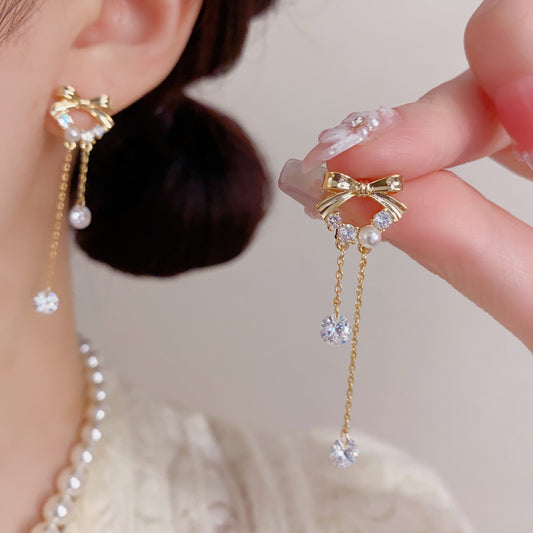 Exquisite Fashion Metal Bow Zircon Tassel Temperament Entry Lux Rings