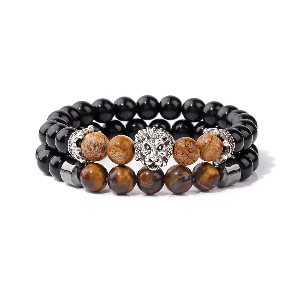 Men's Natural Stone Beads Retro Business Bright Black Lion's Bracelet