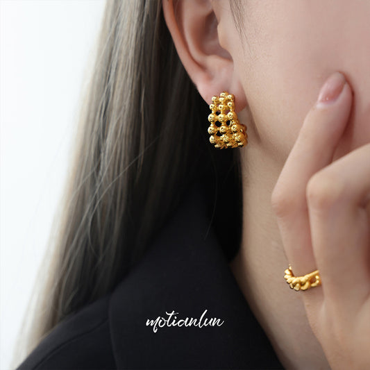 Hop Style Steel Ball Stitching Mesh Design Earrings