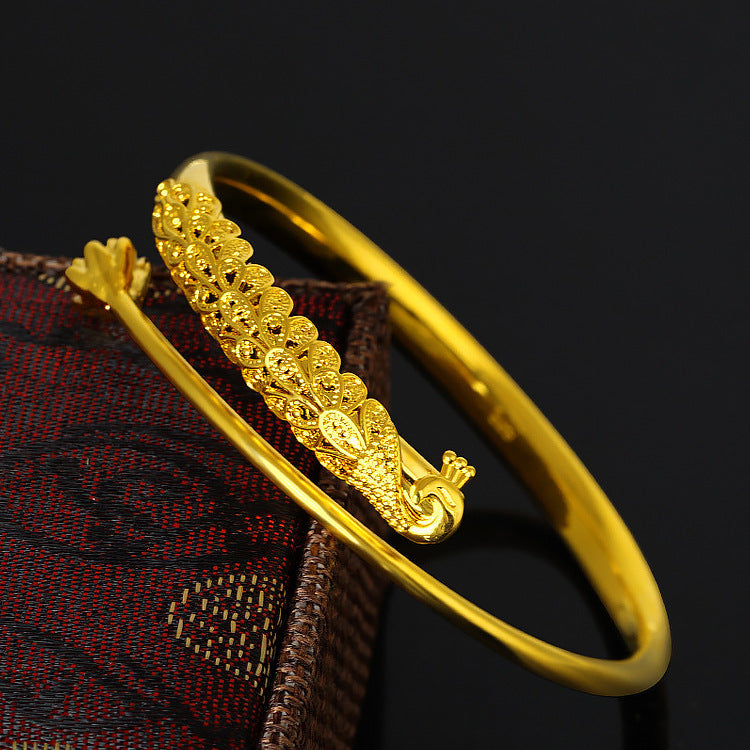 Women's Live Broadcast Ancient Style Alluvial Gold Peacock Push-pull Sterling Sier Bracelets