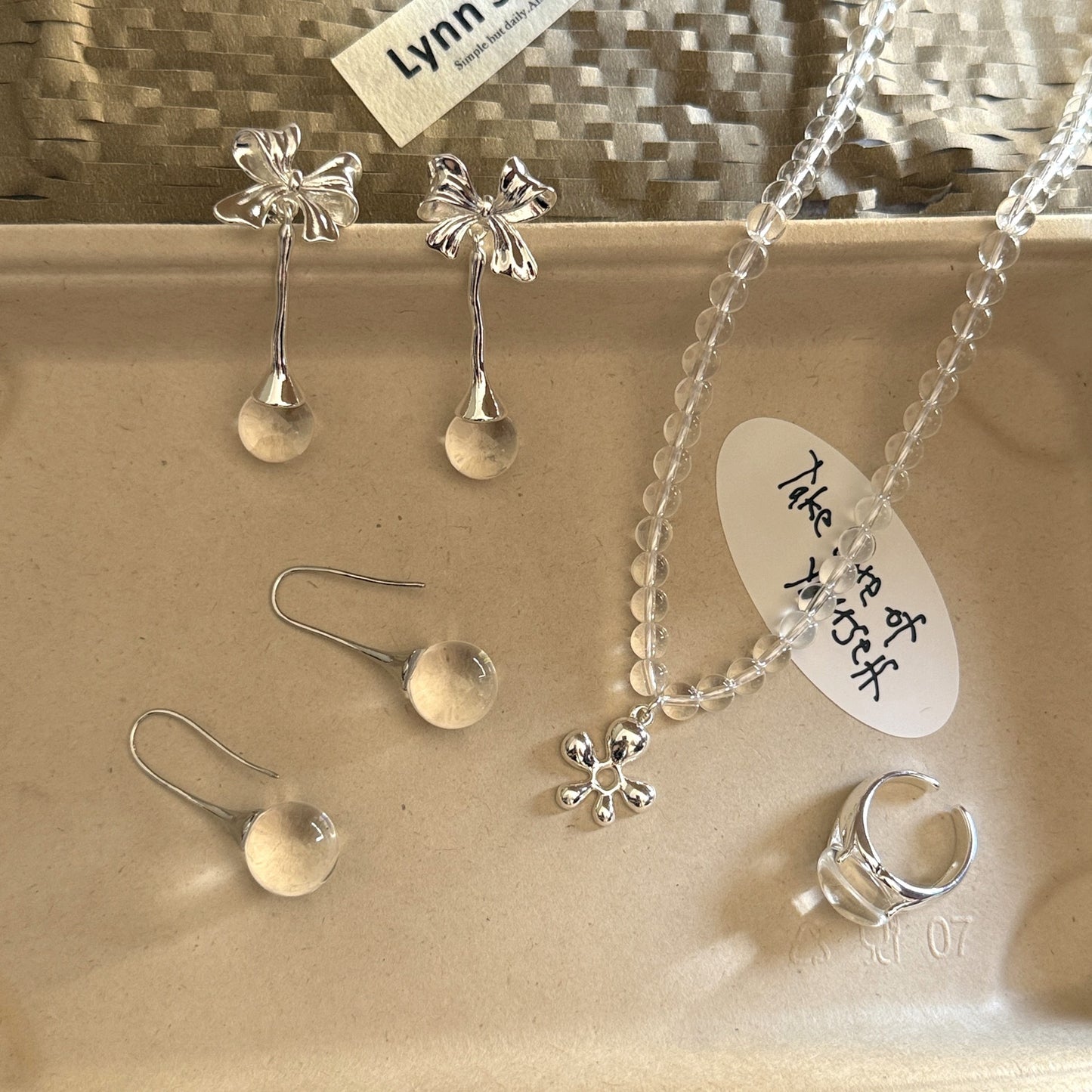 Clear White Crystal Series Collection Bow Water Drop Flower Necklace