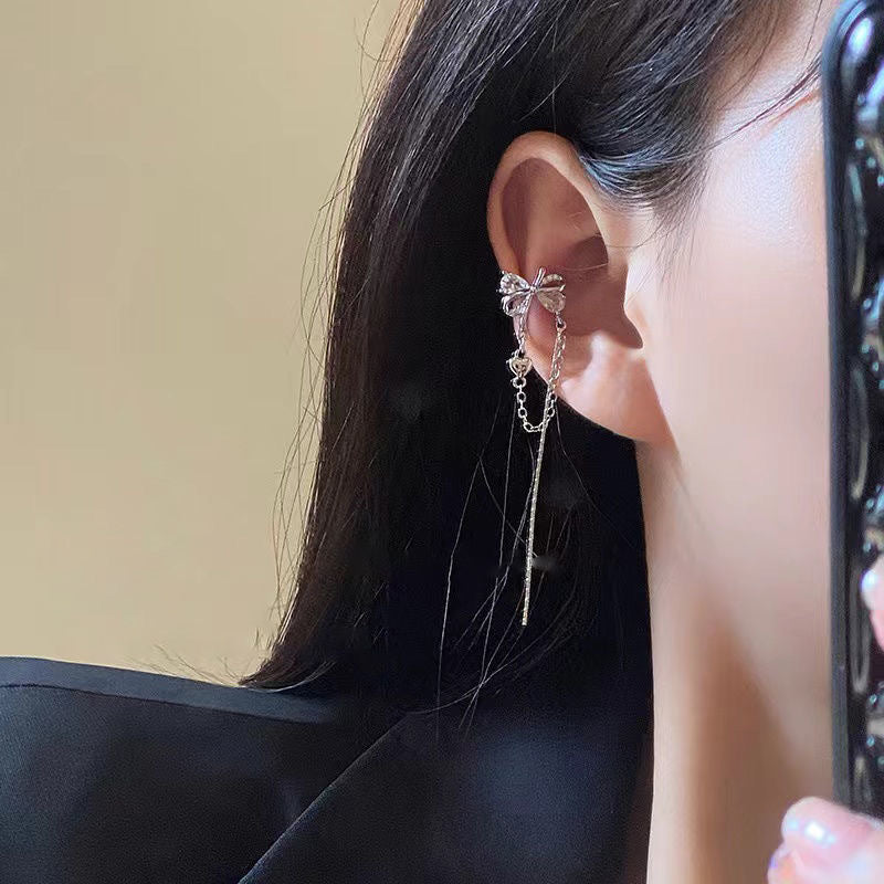 Zircon Bow Female Light Luxury Minority Design Sense Tassel Ear Clip