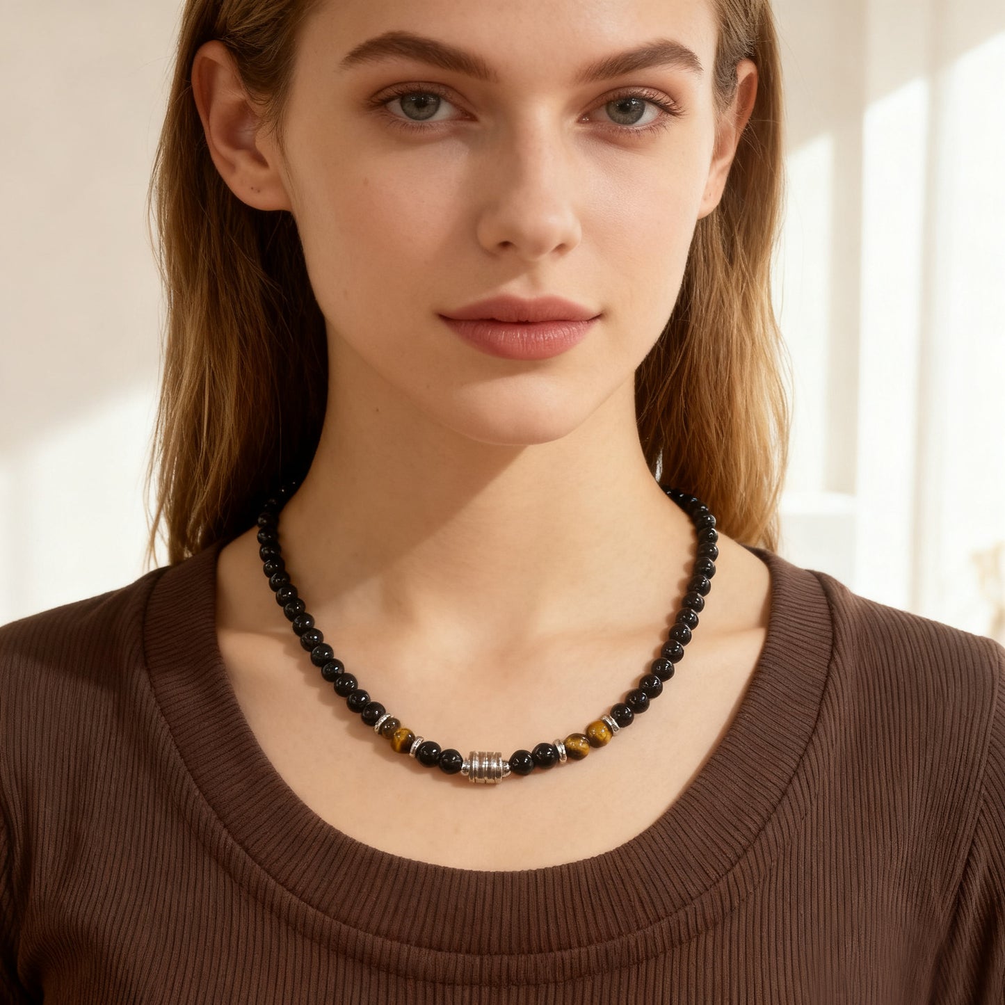 Steel Natural Tigereye Map Stone Obsidian Beaded Necklace