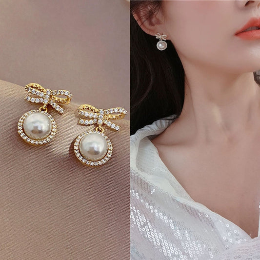 Graceful Petite Rhinestone Bow Eardrops Design Earrings