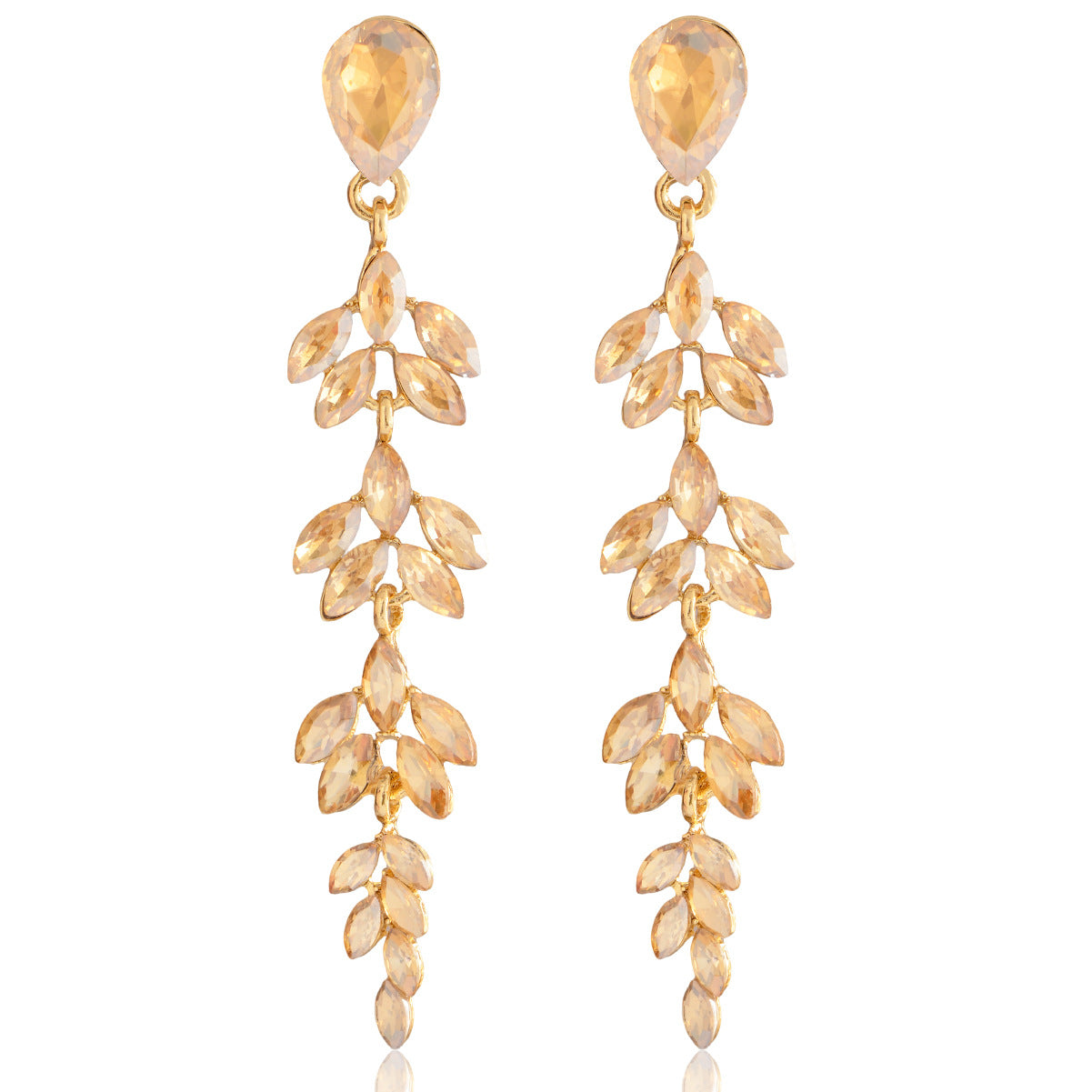 Elegant Wheat Fashion Long Gold-plated Inlaid Crystal Willow Leaf Shape Rings