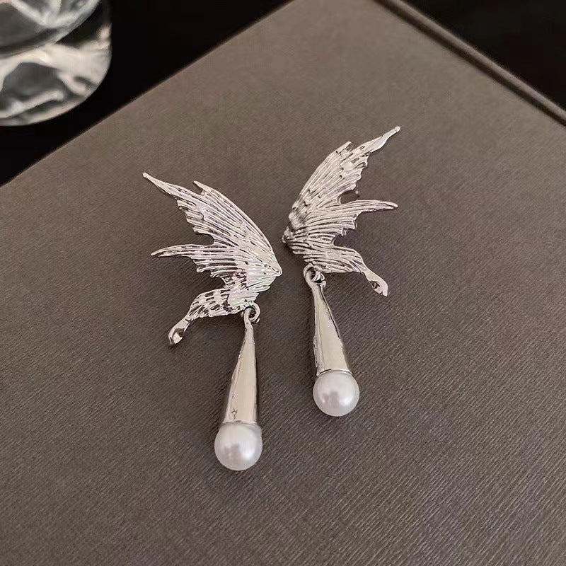 Personalized Cold Style Angel Wings Pearl Pendant Earrings