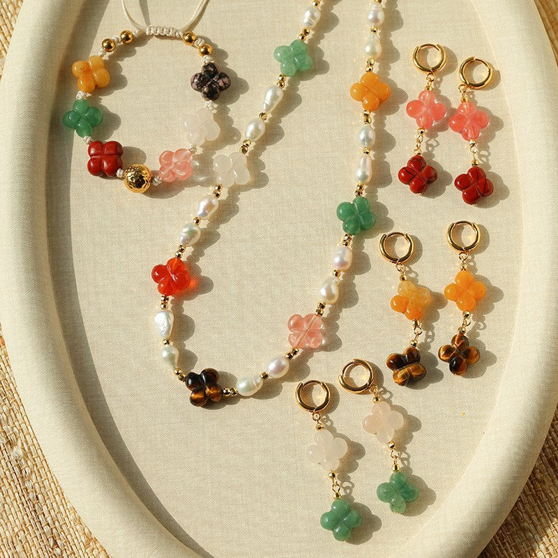 Women's Color Floret Pearl Pull High-grade Natural Stone Jewelry Set