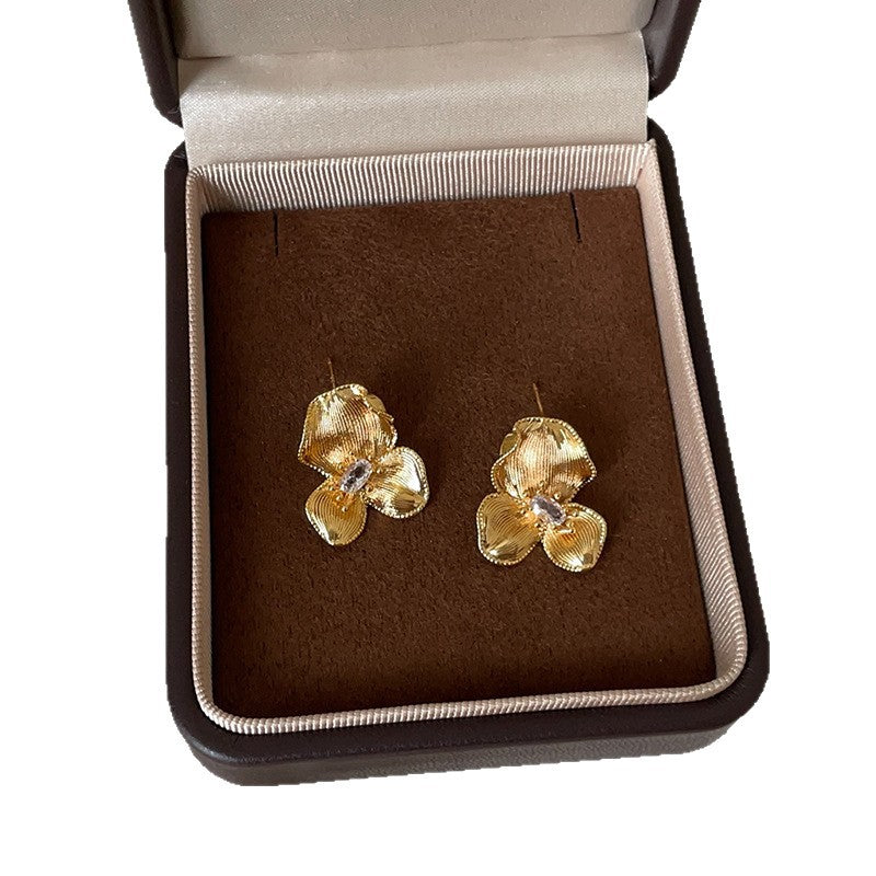 Women's High-grade Micro Inlaid Zircon Brushed Flower Metal Simple Temperament Earrings