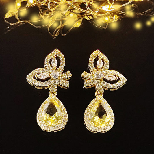 Inlaid Zircon Yellow Water Drop Wings Female Earrings