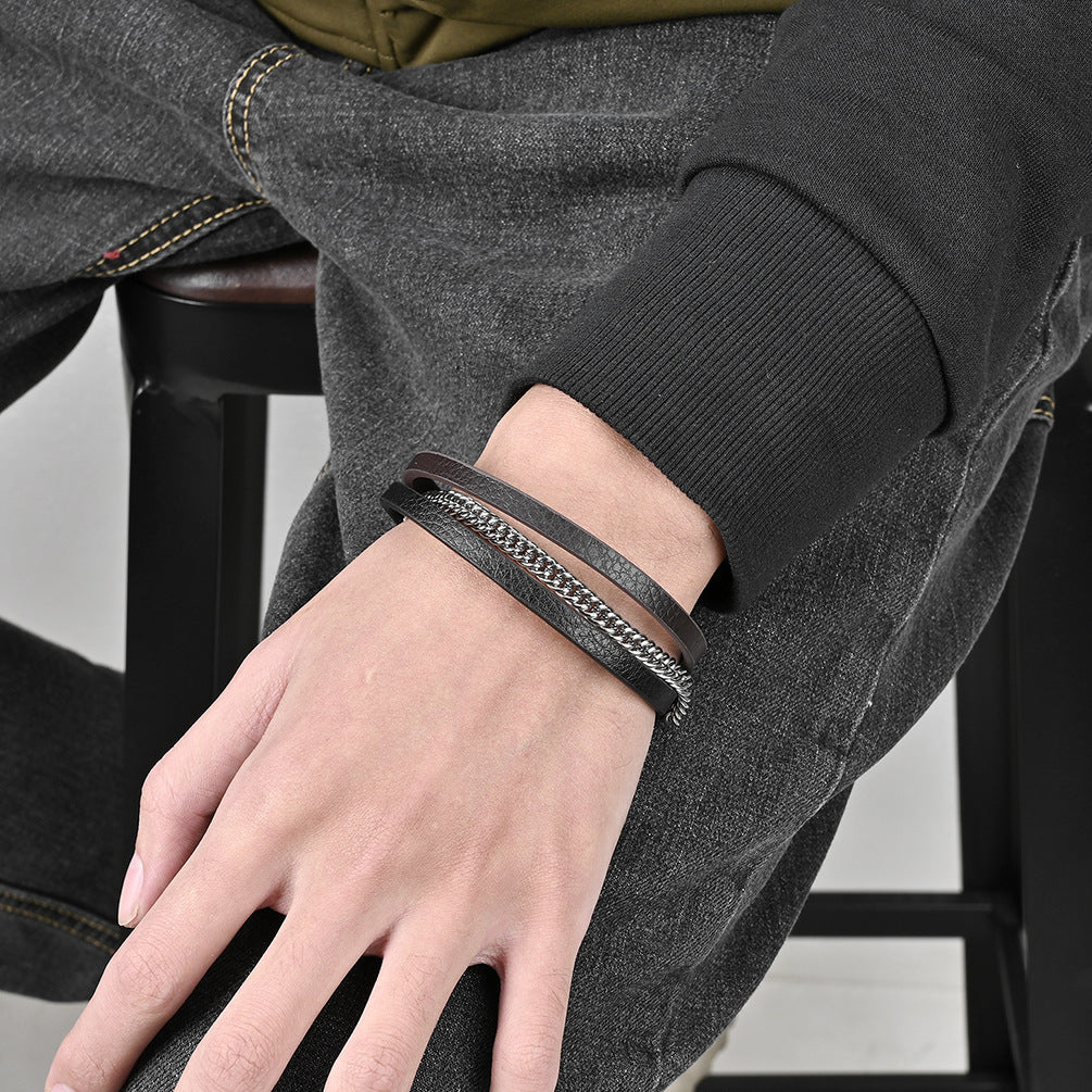 Men's Stainless Steel Leather Rope Magnetic Snap Wrist Bracelets