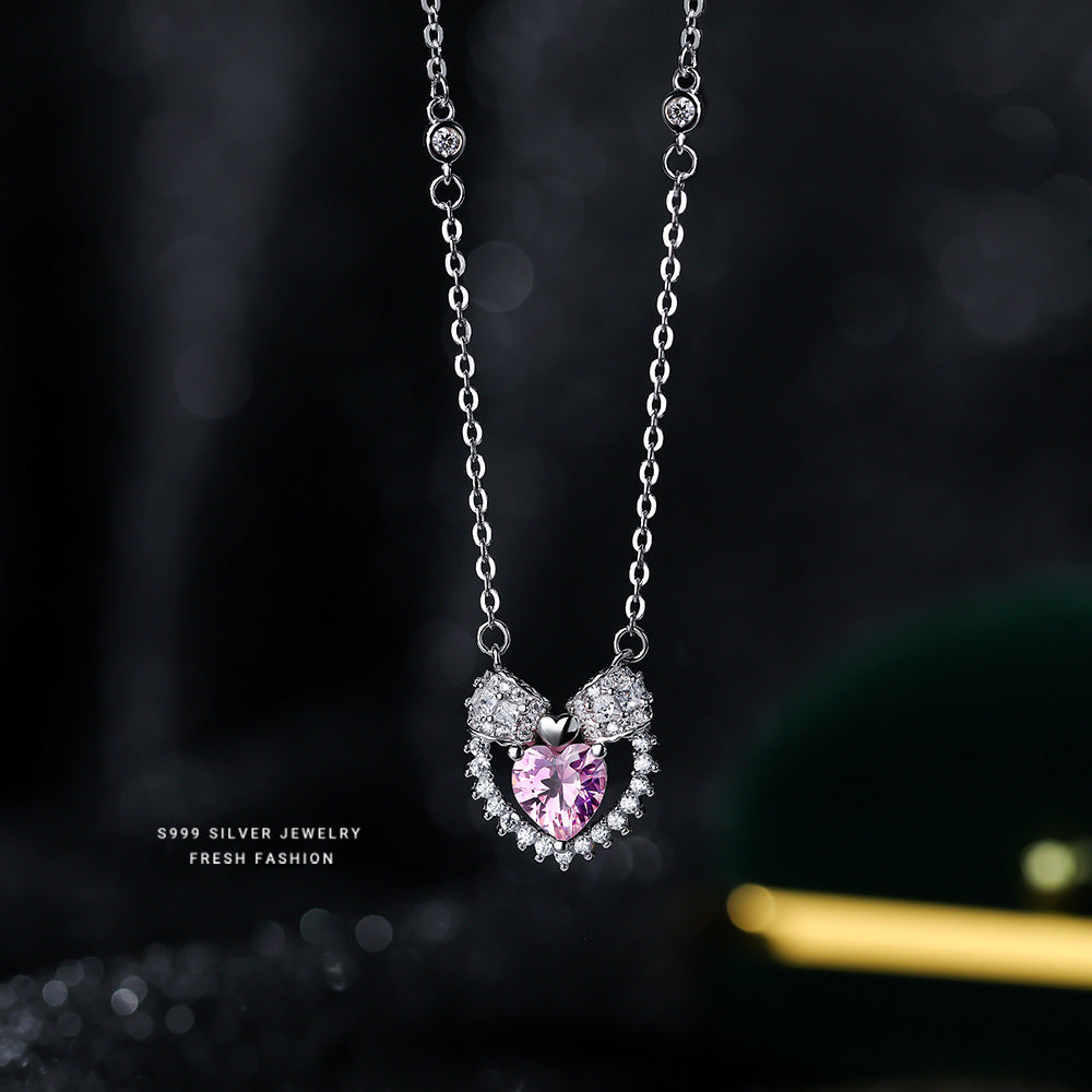 Women's Sterling Sier Pink Heart-shaped Zircon Affordable Necklaces