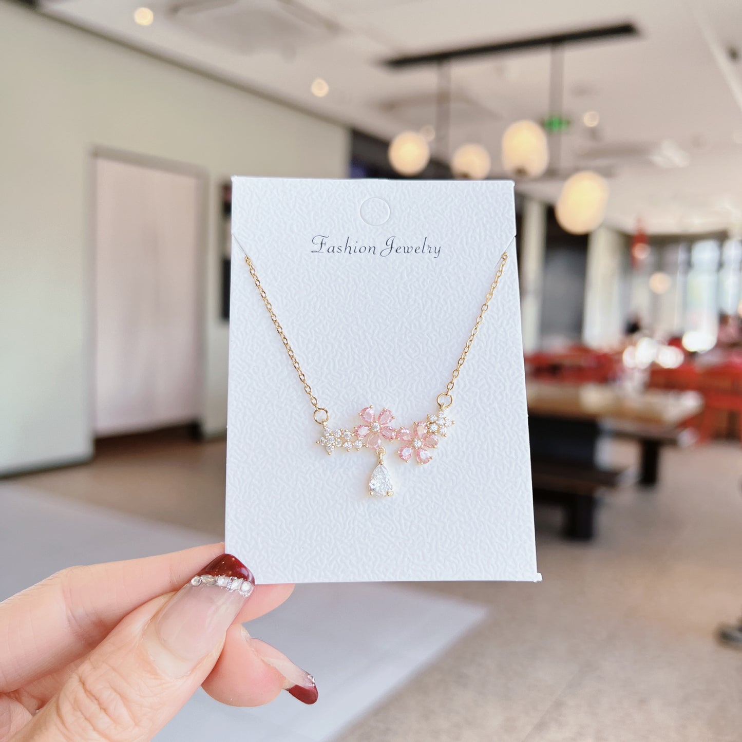 Luxury Sweet Super Pink Flowers Water Drop Female Fully Jeweled Necklace