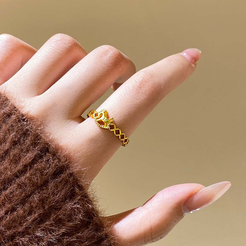 Chinese Style Immediately Rich Female Golden Hollow Coin Pony Light Ring