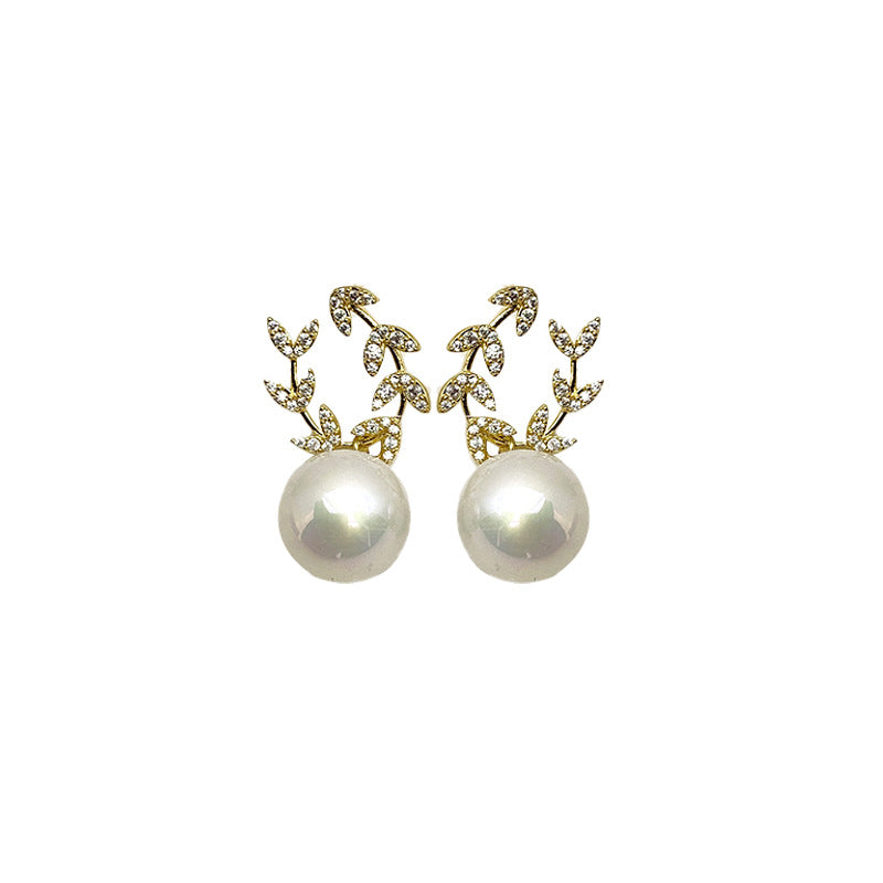 Sier Needle French Rhinestone Pearl Leaf-shaped Earrings