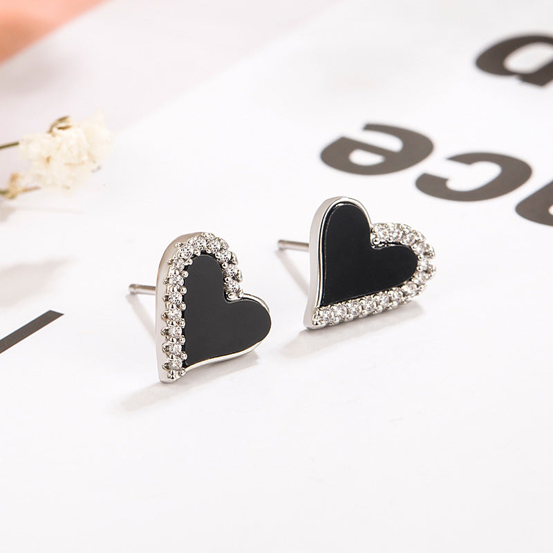 Women's Cold Style Sweet Cool Black Heart Shape With Diamond Earrings