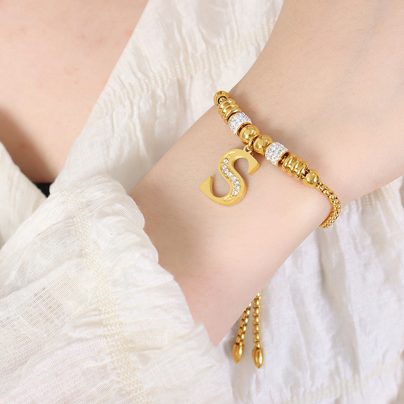 Gold English Letters Pendant Rhinestone Tassel Bracelets