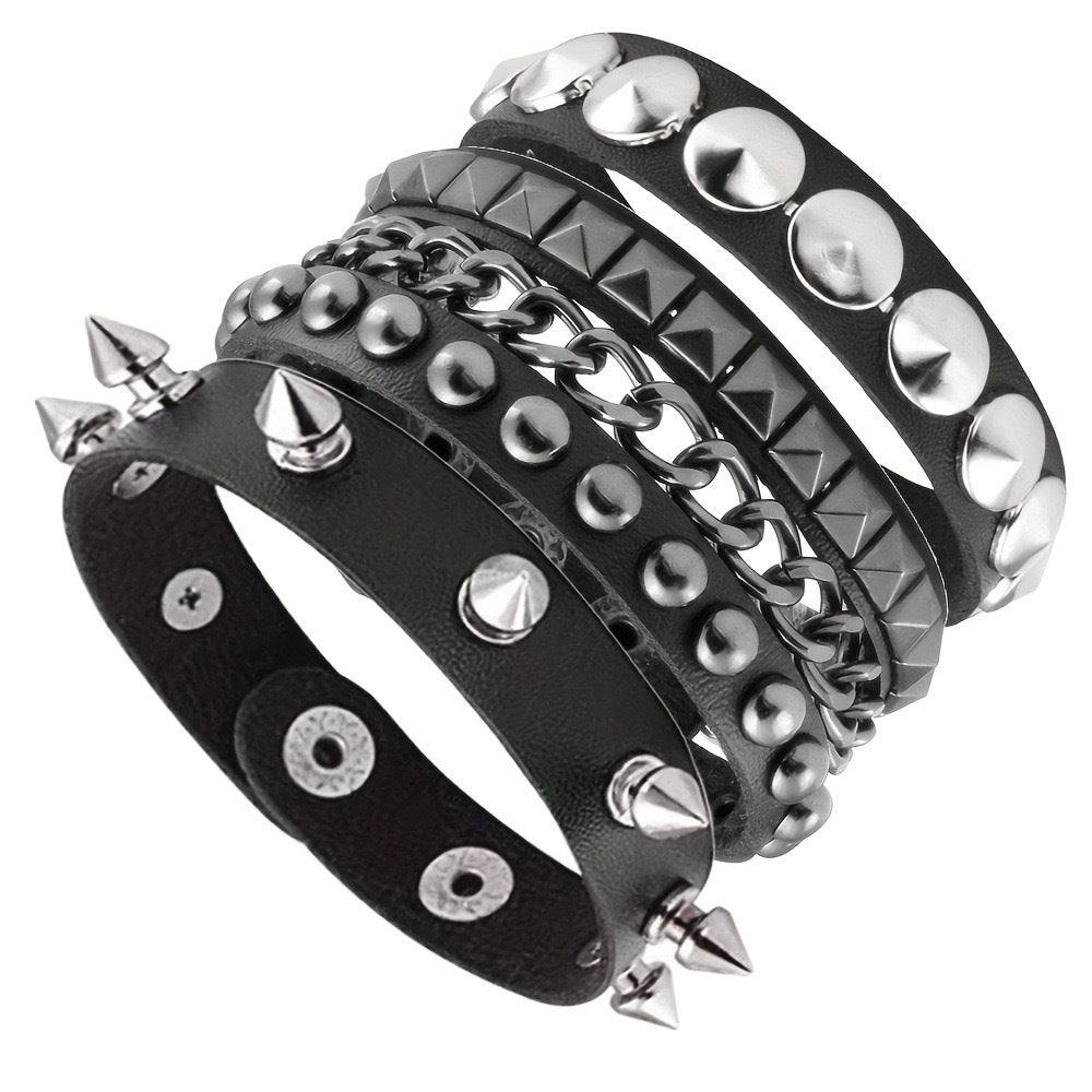 Punk Exaggerated Tapered Pointed Rivet Three Rows Leather Bracelets