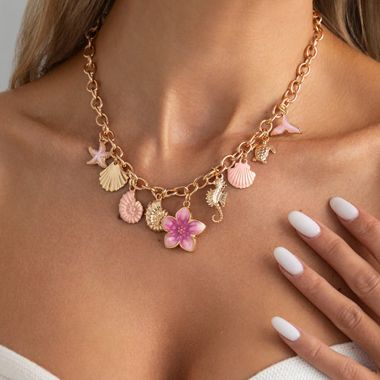 Women's Metal Drop Oil Clavicle Chain Sweet Cool Conch Shell Flower Necklace