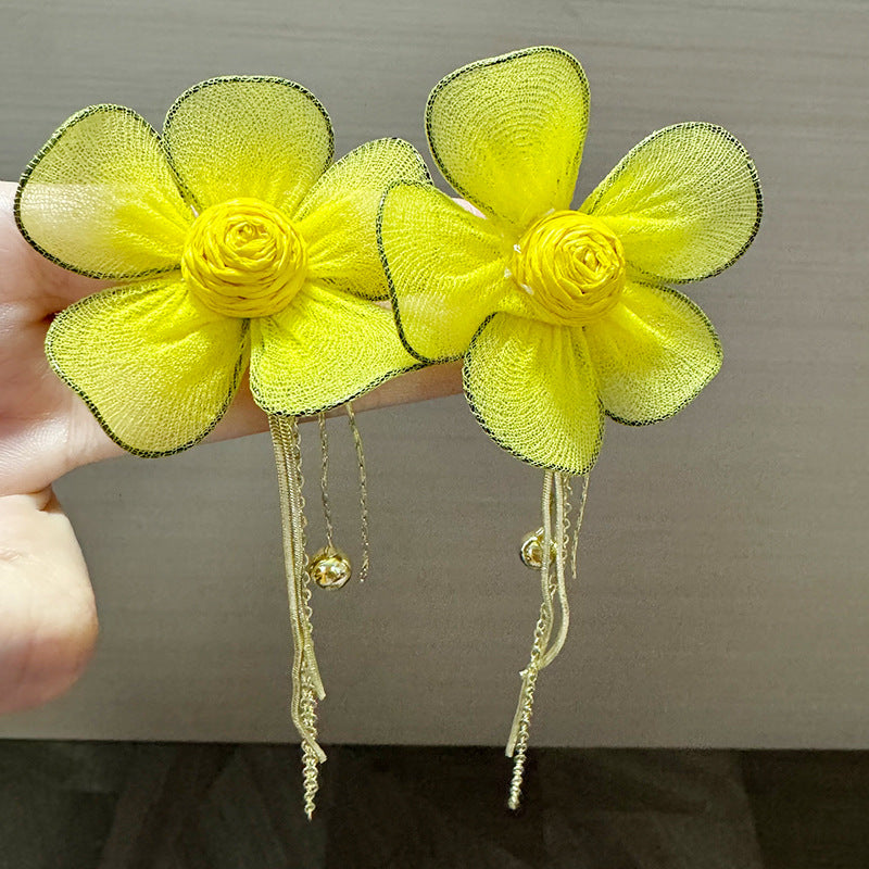 Western Style Yellow Tulle Flower Tassel Chain Long Elegant Wearing Earrings