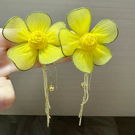 Western Style Yellow Tulle Flower Tassel Chain Long Elegant Wearing Earrings