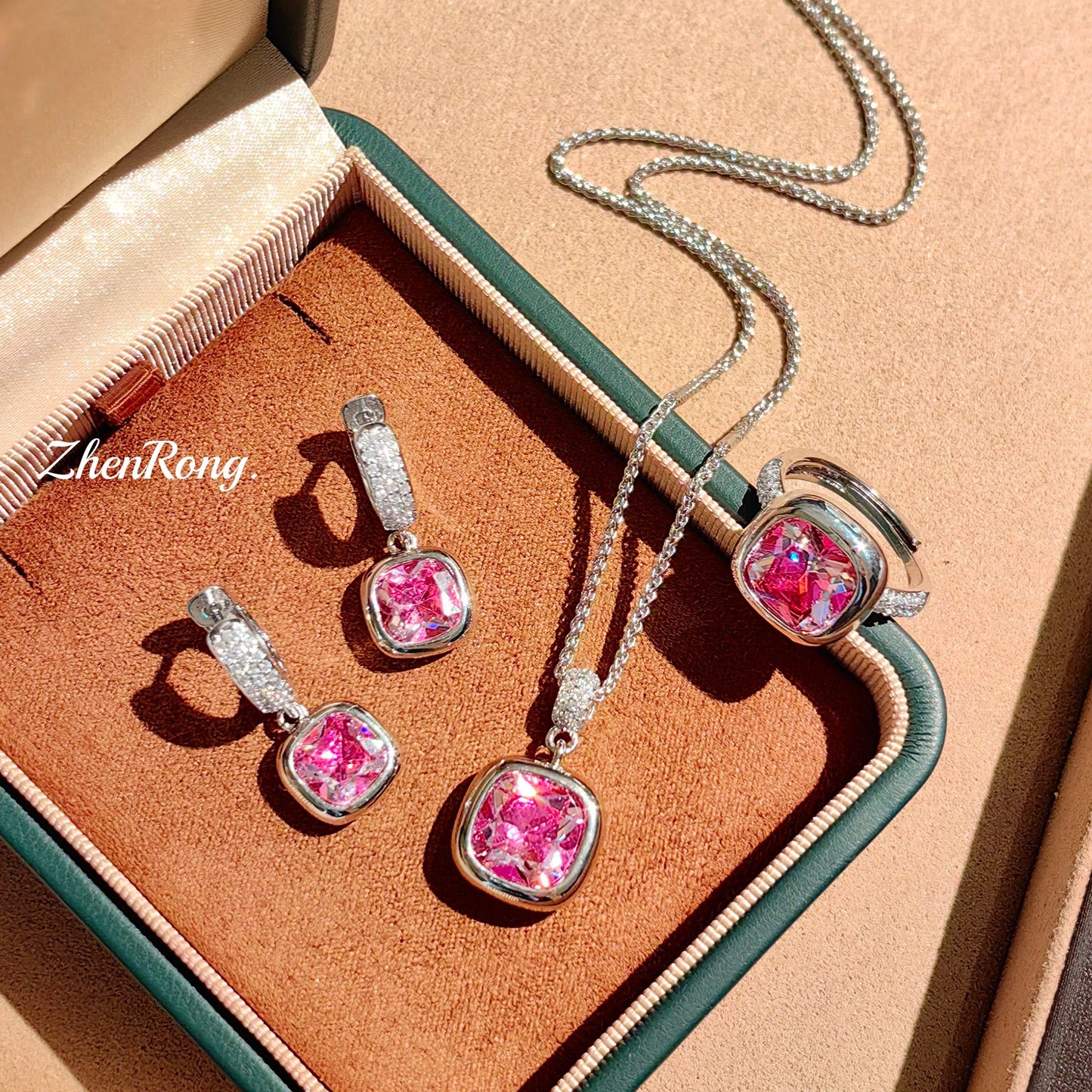 Women's Luxury French Small Square Sugar Cube Ear Aquamarine Plump Rose-red Jewelry Set