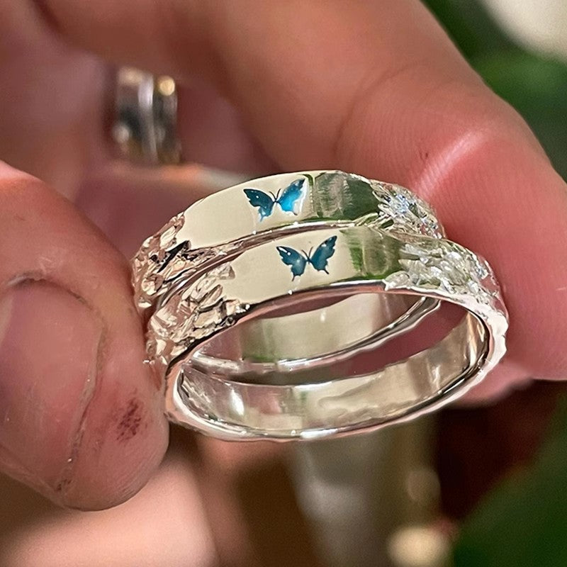 Blue Butterfly Sier Plated Design Light Luxury Personality Fashion Rings