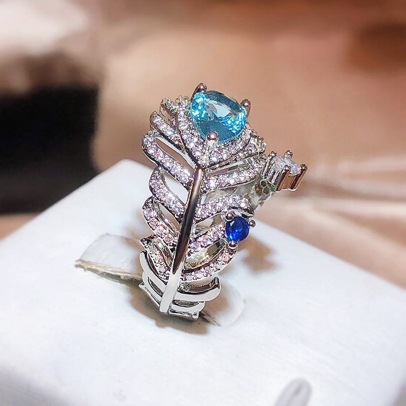 Verstellbare Ringe mit verstellbarer Öffnung für Damen in Blau mit Zirkon und Federn