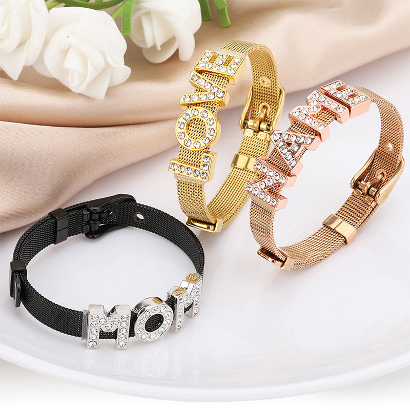 Letter Stainless Steel Mesh Strap Adjustable Bracelets