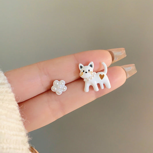 Sier Needle Asymmetric Flower Kitten Ear Cartoon Earrings