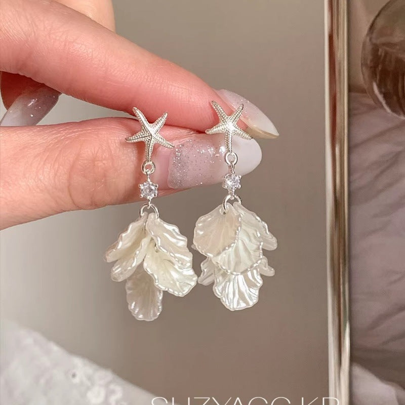 Starfish Shell Petal Vacation Style Gentle Temperament White Stud Earrings