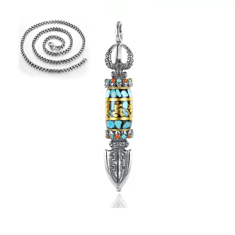 Men's Sier Vajra Pendant Turquoise Six Words Mantra Necklaces