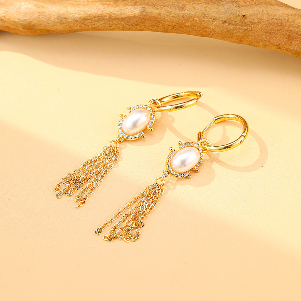 Inlaid Pearl Tassel Ear Clip High Sense Special Interest Light Earrings