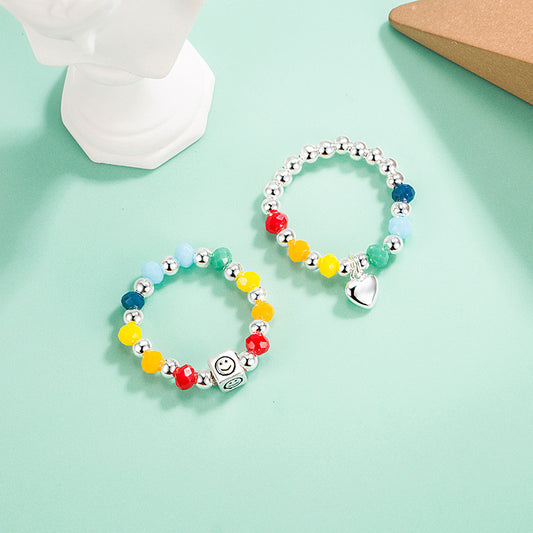 Female Rainbow Smiley Face Love Heart Rings