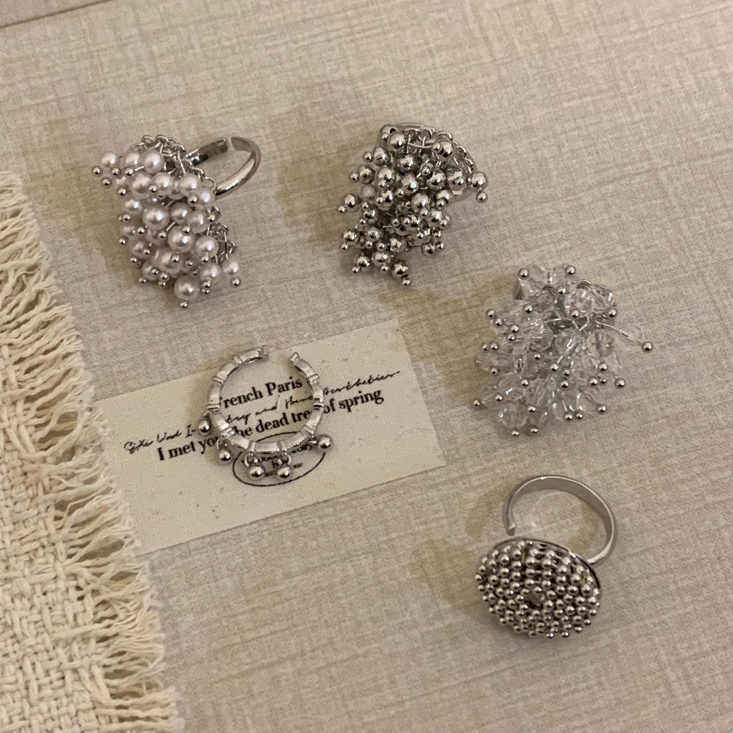 Women's Light Luxury Handmade Woven Crystal Tassel Exaggerated Sier Water Ring