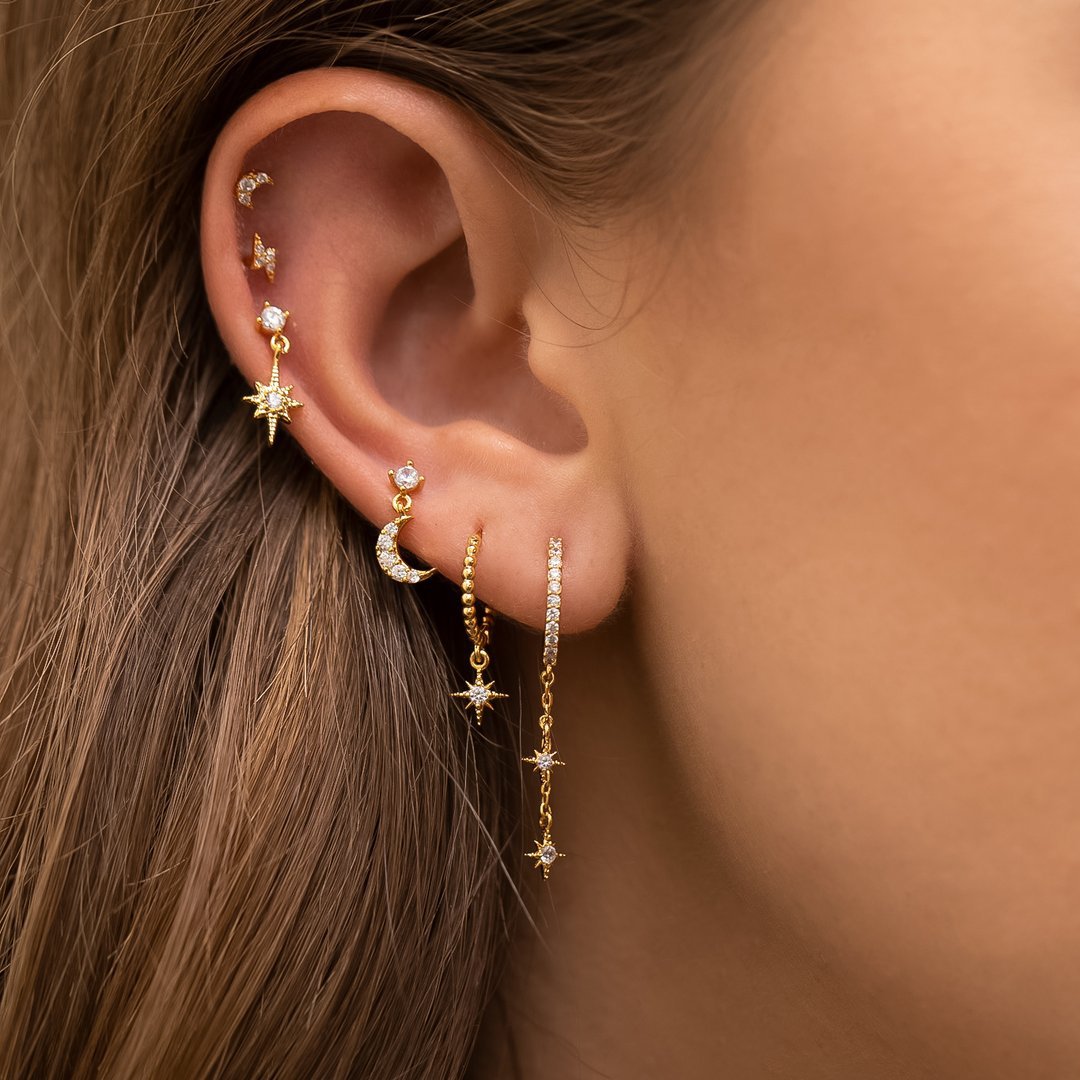 Ensemble asymétrique de lune, boucles d'oreilles en Zircon, bagues à la mode