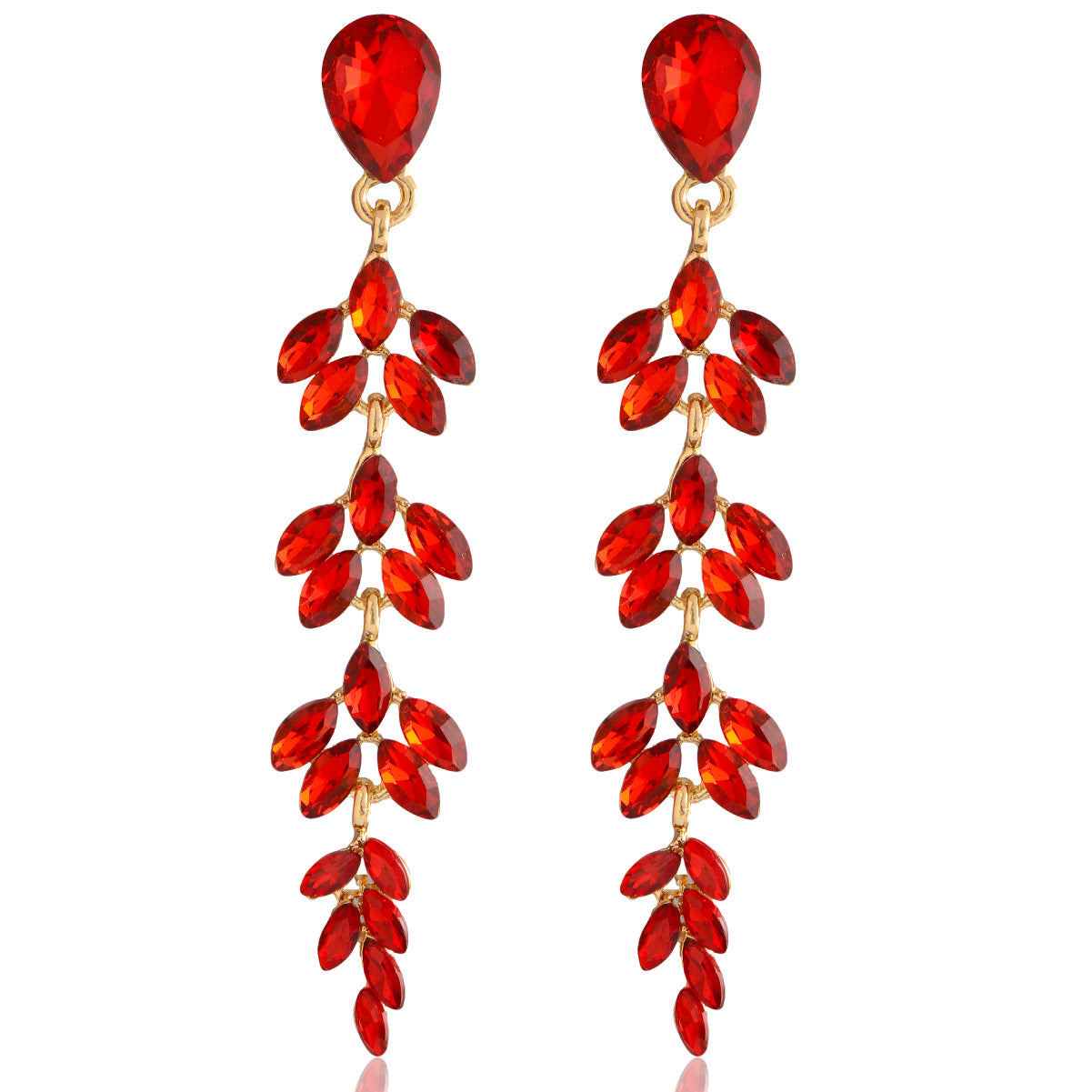 Elegant Wheat Fashion Long Gold-plated Inlaid Crystal Willow Leaf Shape Rings