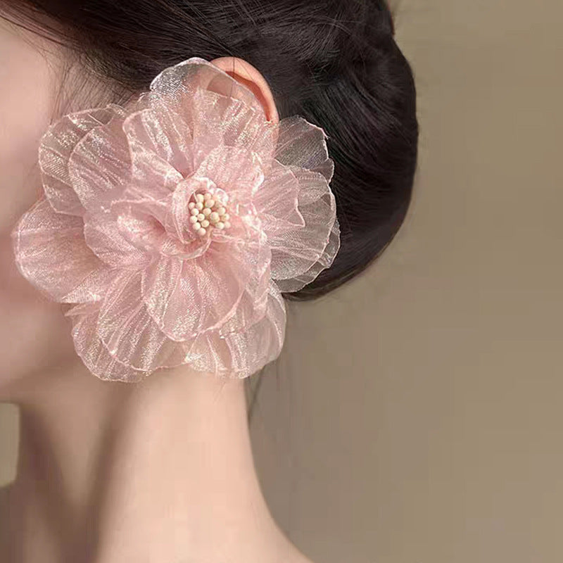 Super Fairy Tulle Crystal Flowers Simple Fresh Design Earrings