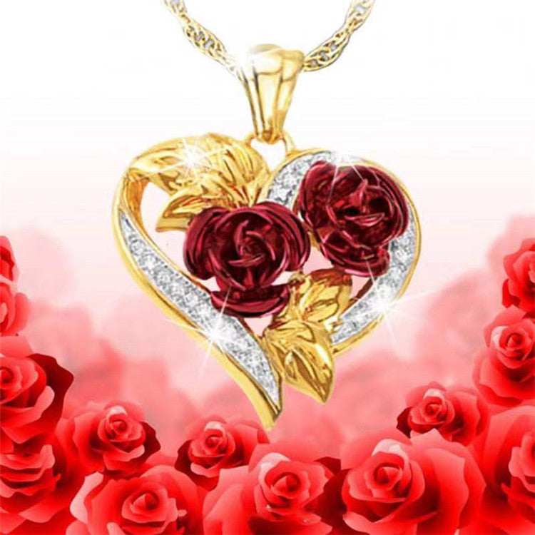 Unique Heart-shaped Red Rose Fashion Diamond Necklace