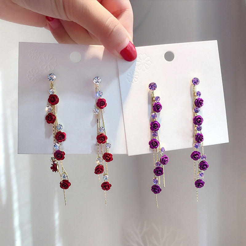 Women's Flower Long Red Rose Rhinestone Tassel Earrings