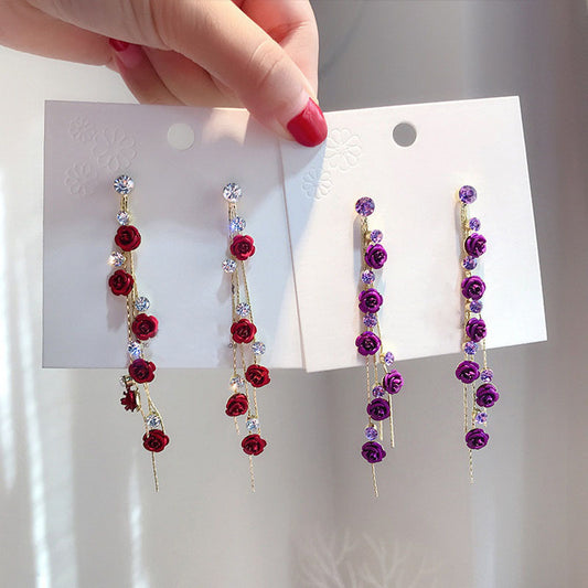 Women's Flower Long Red Rose Rhinestone Tassel Earrings