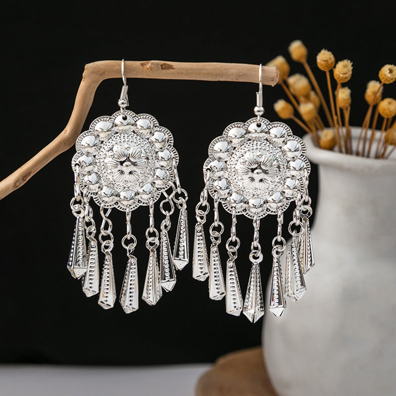 Sier Minority Ethnic Style Personalized Bohemian Flower Earrings