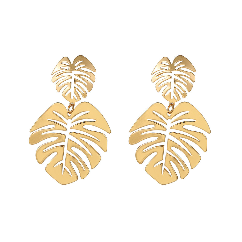 Grandes boucles d'oreilles tendance en métal, double feuille d'arbre