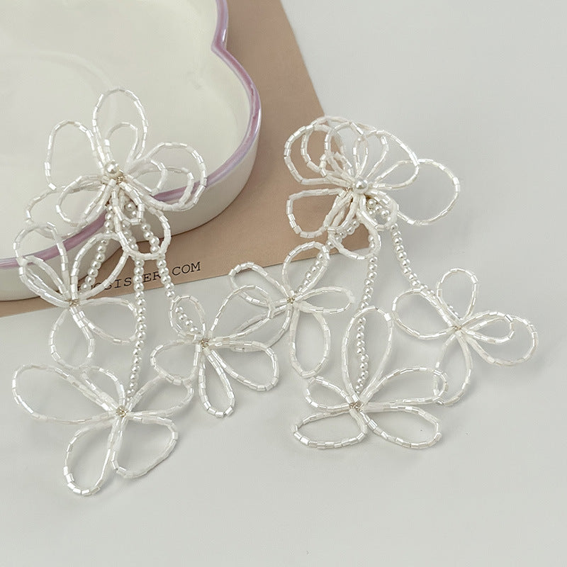 Women's Beaded Hollow Flower Formal Dress Accessories Exaggerated High Earrings