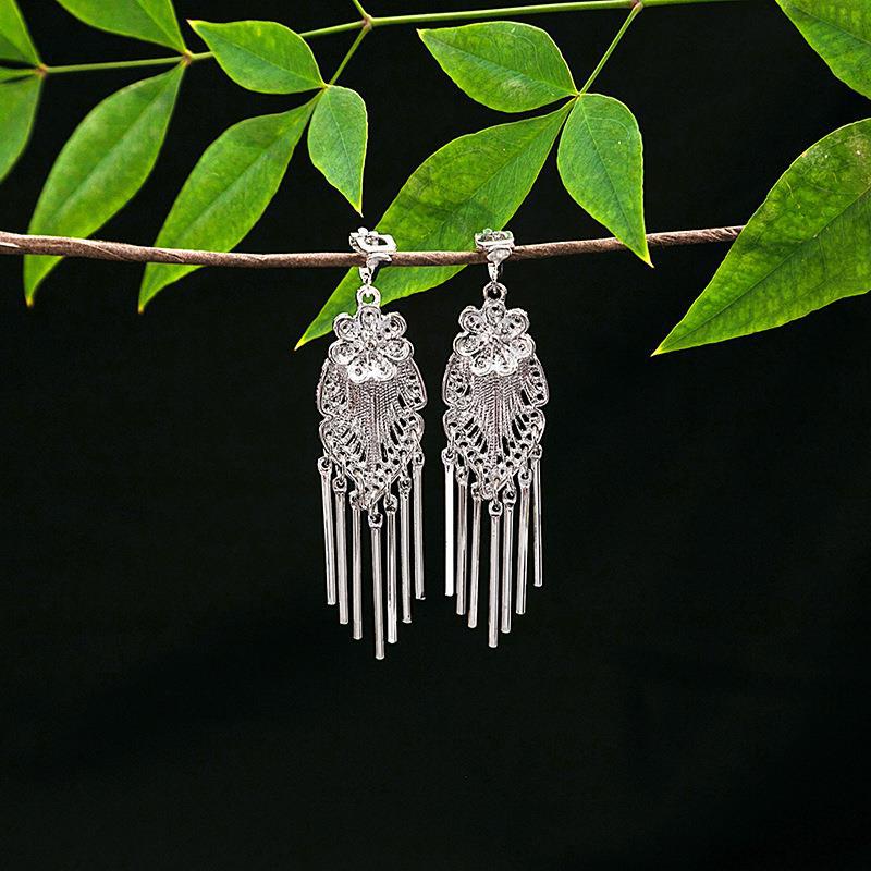 Women's Ethnic Geometric Tassel Ear Clip Miao Sier Retro Elegant Earrings