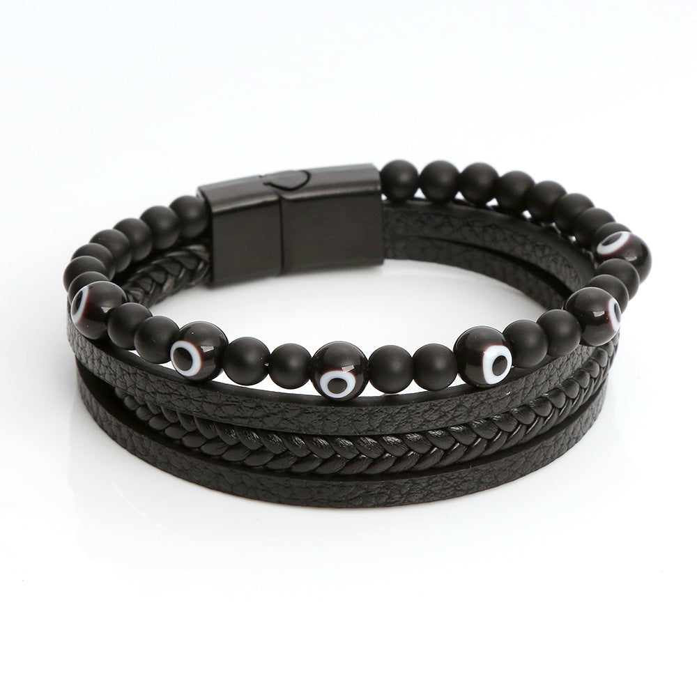 Men's Glass Devil's Eye Vintage Beaded Leather Bracelets