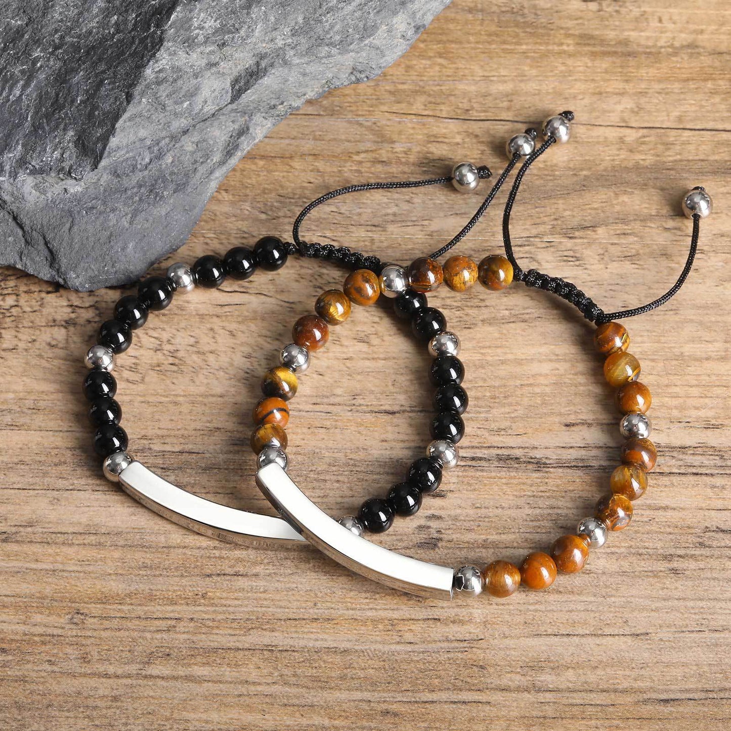 Steel Curved Natural Tigereye Agate Bead Adjustable Can Carve Bracelets