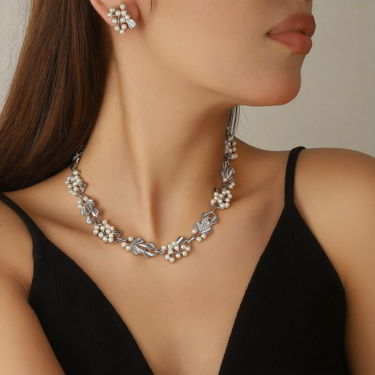 Leaf Pearl Vintage Brushed Frosted Palace Style Retro Affordable Luxury Jewelry Set