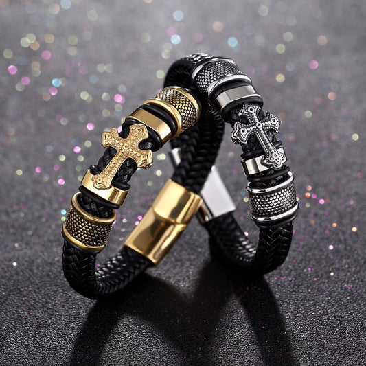 Bracelets punk en cuir croisé tissé en brocart pour hommes