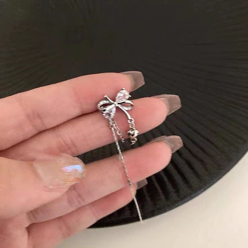 Zircon Bow Female Light Luxury Minority Design Sense Tassel Ear Clip